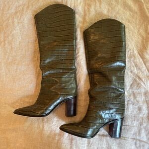 SCHUTZ Green Crocodile-Embossed Heeled Boots